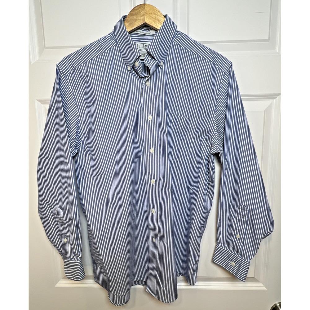 L.L. Bean Mens Wrinkle Resistant Blue & White Striped Button Shirt SZ 15.5-32‎ - Picture 2 of 13
